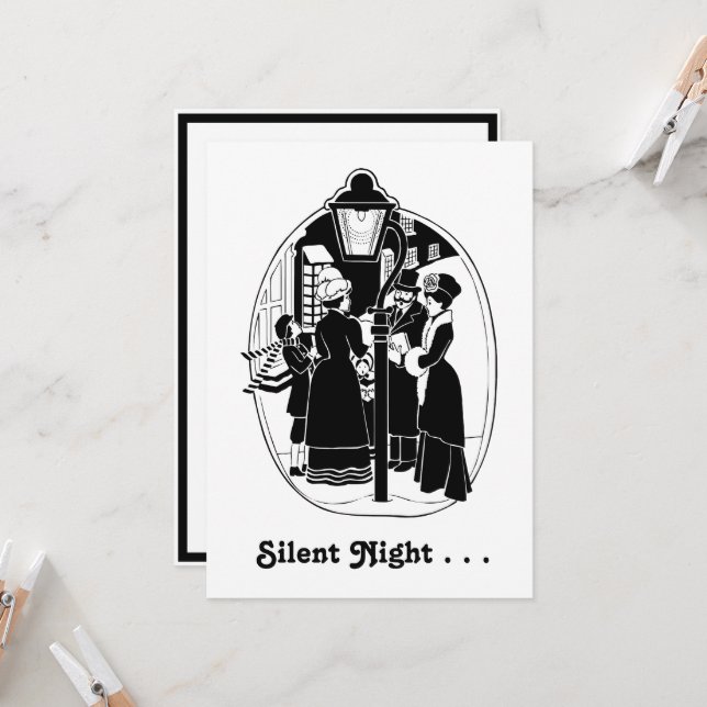 Vintage Christmas Carolers Singing Black White Card (Front/Back In Situ)