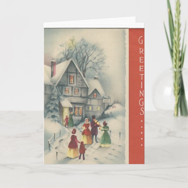 Vintage Christmas Carolers Snow Scene Holiday Card (Front)
