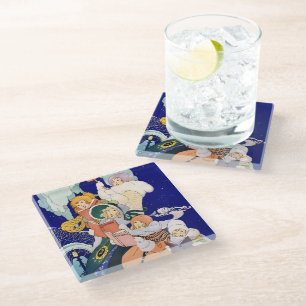 Vintage Christmas Carolers Under the Stars Glass Coaster