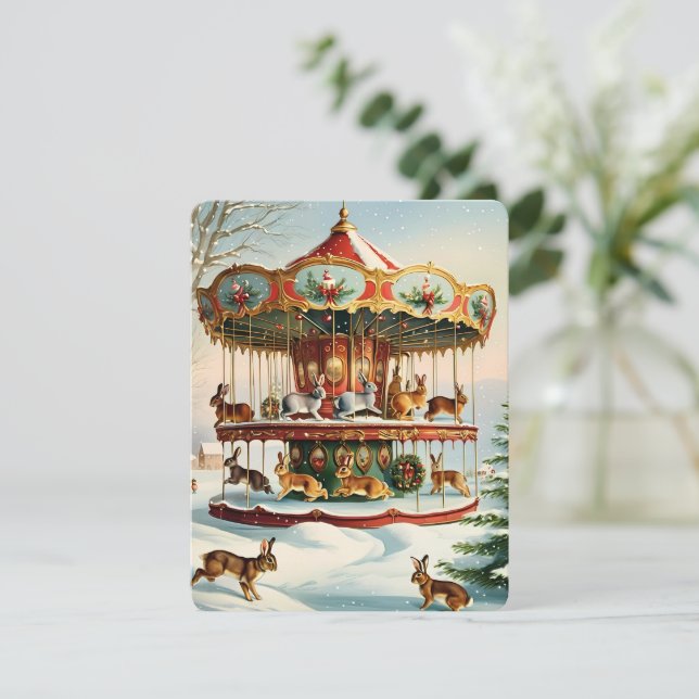 vintage christmas carousel bunny holiday card (Standing Front)