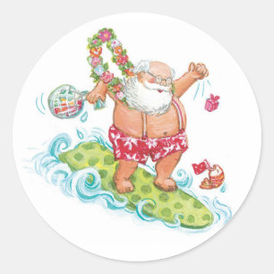 Vintage Christmas Cartoon Surfing Santa Claus Classic Round Sticker