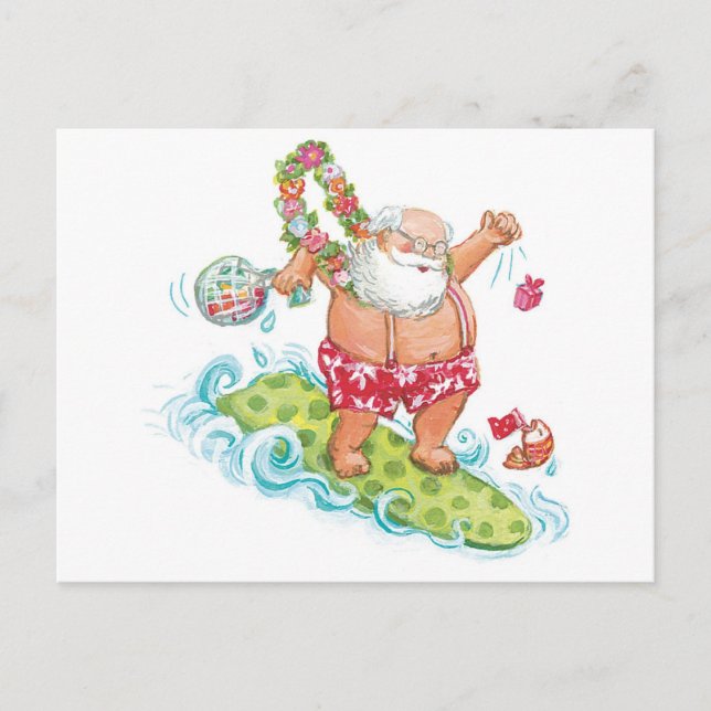 Vintage Christmas Cartoon Surfing Santa Claus Holiday Postcard (Front)