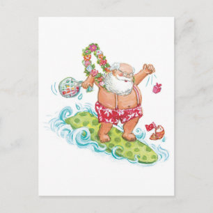 Vintage Christmas Cartoon Surfing Santa Claus Holiday Postcard