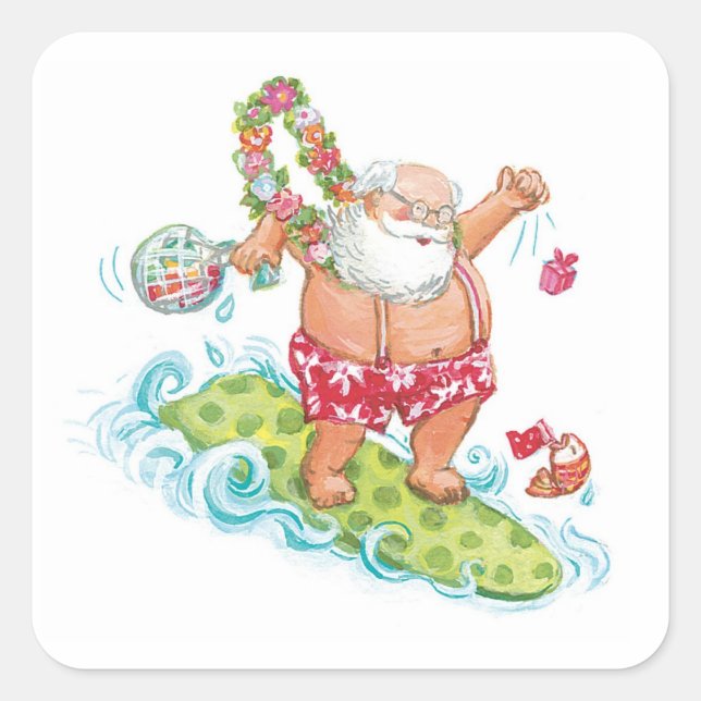 Vintage Christmas Cartoon Surfing Santa Claus Square Sticker (Front)