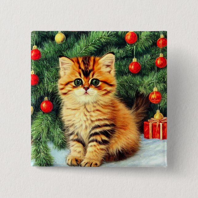 Vintage Christmas Cat 15 Cm Square Badge (Front)