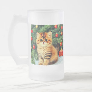 Vintage Christmas Cat Frosted Glass Beer Mug
