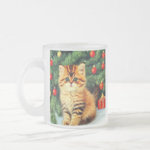 Vintage Christmas Cat Frosted Glass Coffee Mug