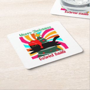 vintage christmas cat gift square paper coaster