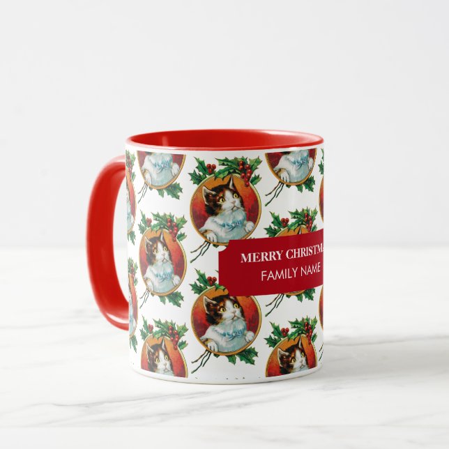 Vintage Christmas Cat Holiday Custom Name  Mug (Front Left)