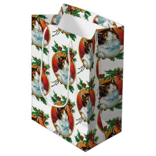 Vintage Christmas Cat Holiday  Medium Gift Bag
