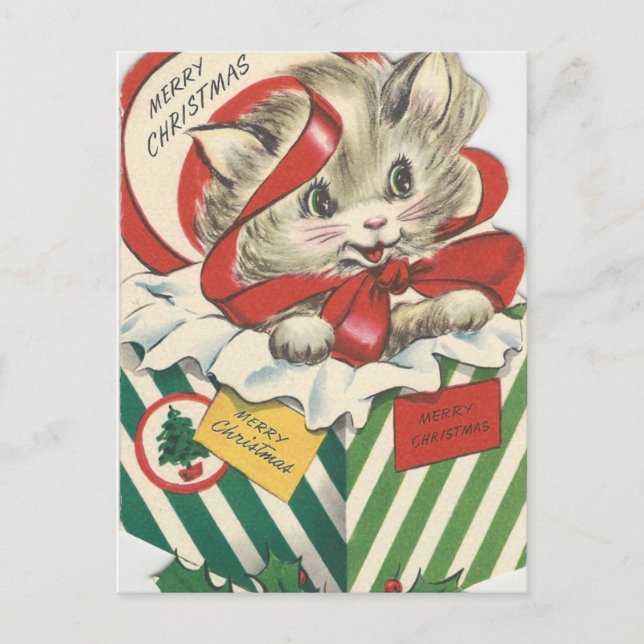 Vintage Christmas Cat In Present Holiday Postcard (Front)