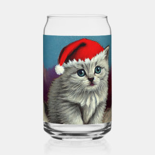 Vintage Christmas Cat in Santa Hat Can Glass