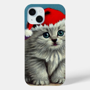 Vintage Christmas Cat in Santa Hat iPhone 15 Case