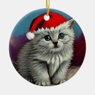 Vintage Christmas Cat in Santa Hat Ceramic Tree Decoration