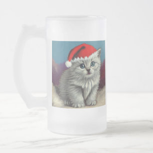 Vintage Christmas Cat in Santa Hat Frosted Glass Beer Mug