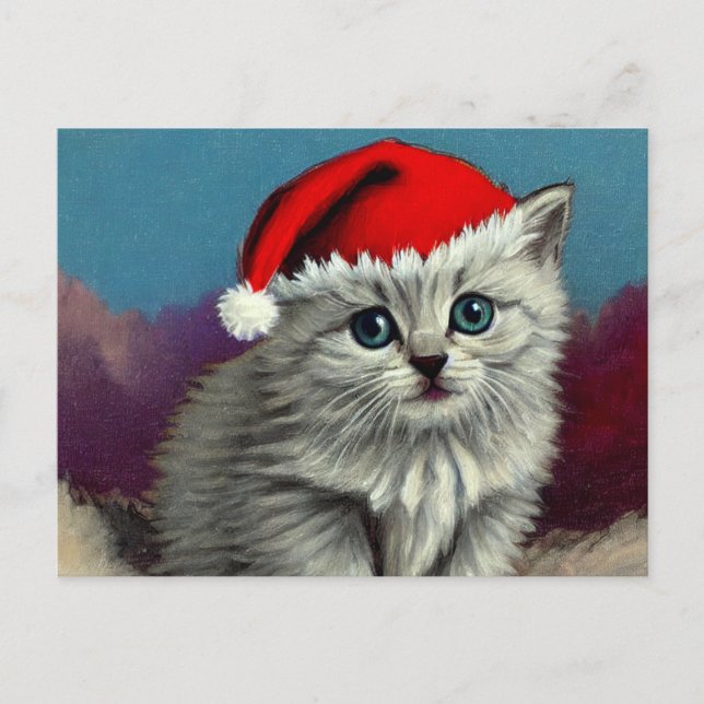 Vintage Christmas Cat in Santa Hat Postcard (Front)
