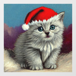 Vintage Christmas Cat in Santa Hat Window Cling