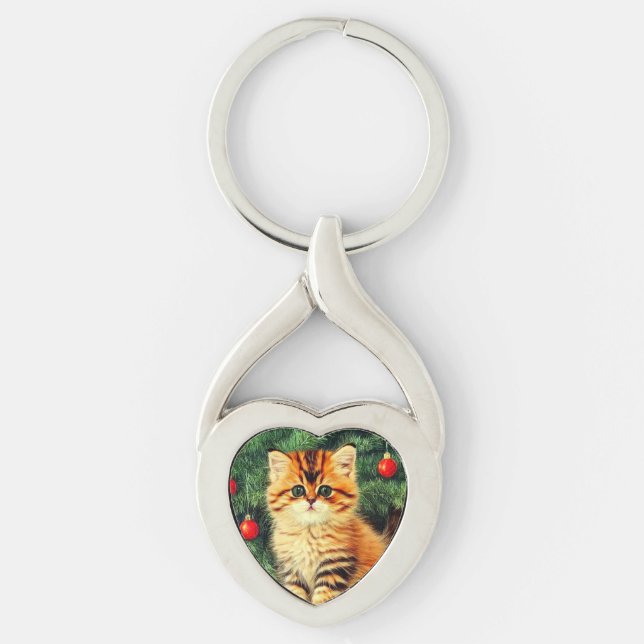 Vintage Christmas Cat Key Ring (Front)