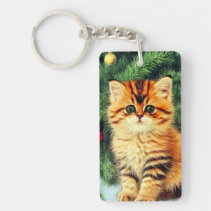 Vintage Christmas Cat Key Ring