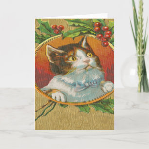 Vintage Christmas Cat Kitten Holly Berries Cute Holiday Card