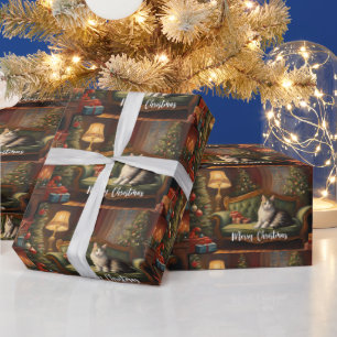 Vintage Christmas Cat on Sofa, Christmas Tree Wrapping Paper