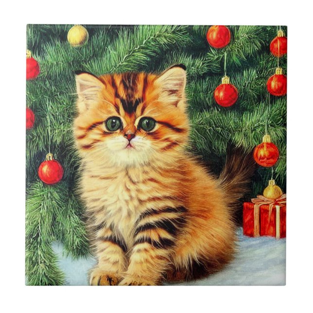 Vintage Christmas Cat Tile (Front)