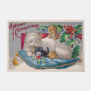 Vintage Christmas Cat with Kittens Merry Christmas Doormat