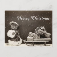 Vintage Christmas Cat with sled and wreath
