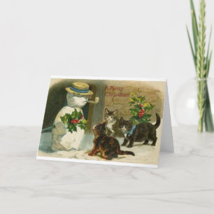 Vintage Christmas Cats and Snowman Greeting Card