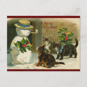 Vintage Christmas cats and snowman Postcard