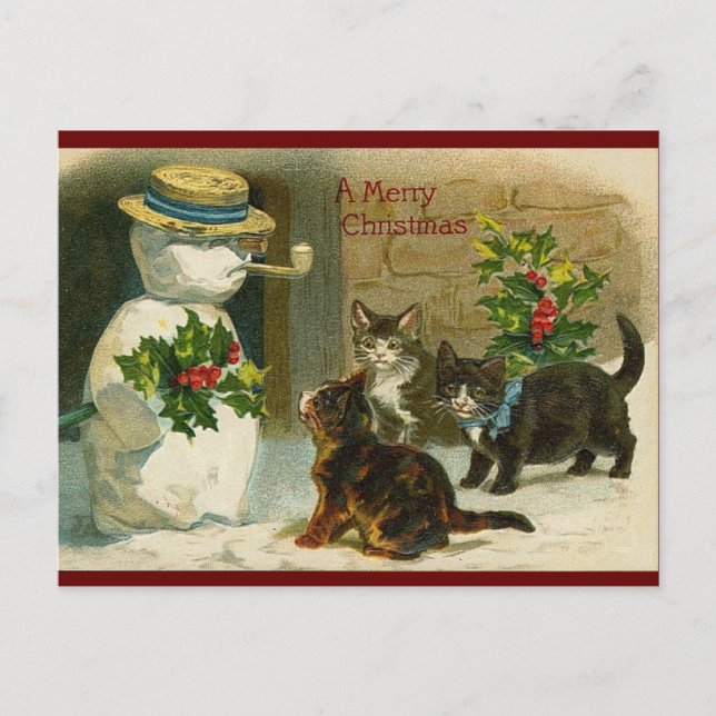Vintage Christmas cats and snowman Postcard (Front)
