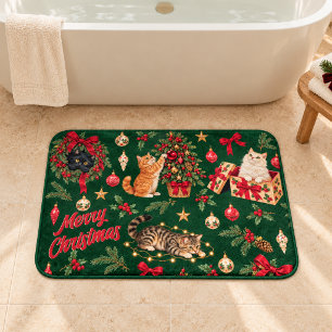 Vintage Christmas Cats Forest Green Bath Mat