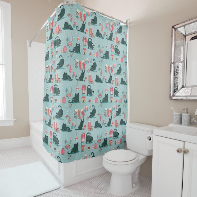 Vintage Christmas cats Shower Curtain (In Situ)