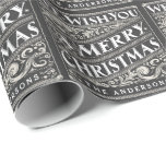 VINTAGE CHRISTMAS CHALKBOARD PERSONALIZED WRAPPING WRAPPING PAPER<br><div class="desc">WE WISH YOU MERRY CHRISTMAS: Bright and cheerful whimsical chalkboard style Christmas personalised gift wrap paper retro black and white typography, and fancy deco swirls in art nouveau style. Personalise this decorative holiday photo greeting card with your family name or custom greeting. Contemporary, classic, modern and stylish way to send...</div>