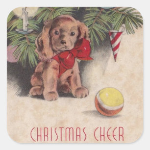 Vintage Christmas Cheer Puppy Square Sticker