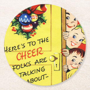 Vintage Christmas Cheer Round Paper Coaster