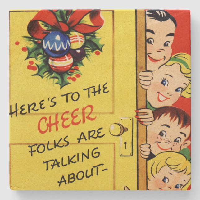 Vintage Christmas Cheer Stone Coaster (Front)