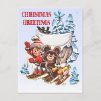 Vintage Christmas,  Child and animals on skis