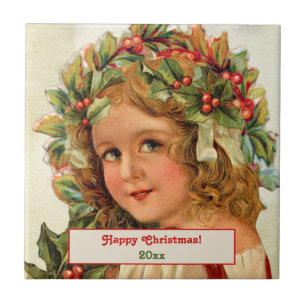 Vintage Christmas Child Holly Leaves in Her Hair Tile