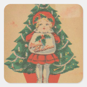 Vintage Christmas Child infront of Tree Square Sticker