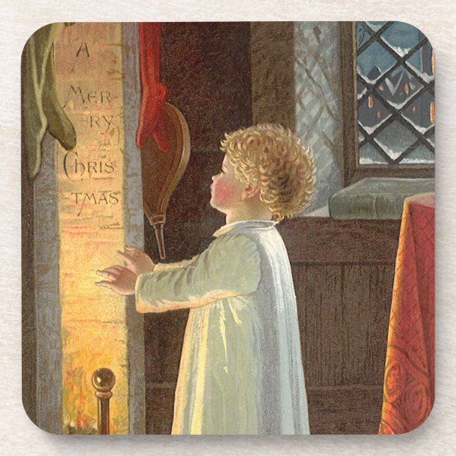 Vintage Christmas, Child Warming by the Fireplace Coaster (Front)