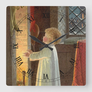 Vintage Christmas, Child Warming by the Fireplace Square Wall Clock