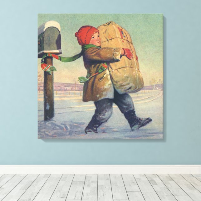 Vintage Christmas, Child with Large Package Canvas Print (Insitu(Wood Floor))