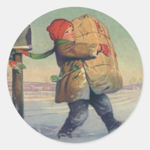 Vintage Christmas, Child with Large Package Classic Round Sticker