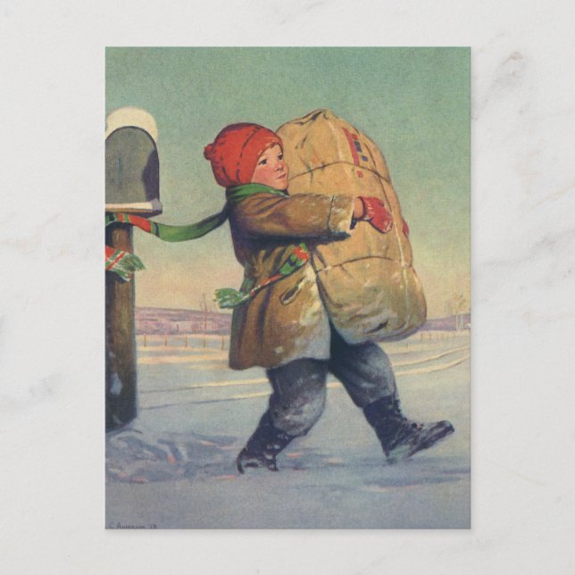 Vintage Christmas, Child with Large Package Holiday Postcard (Front)