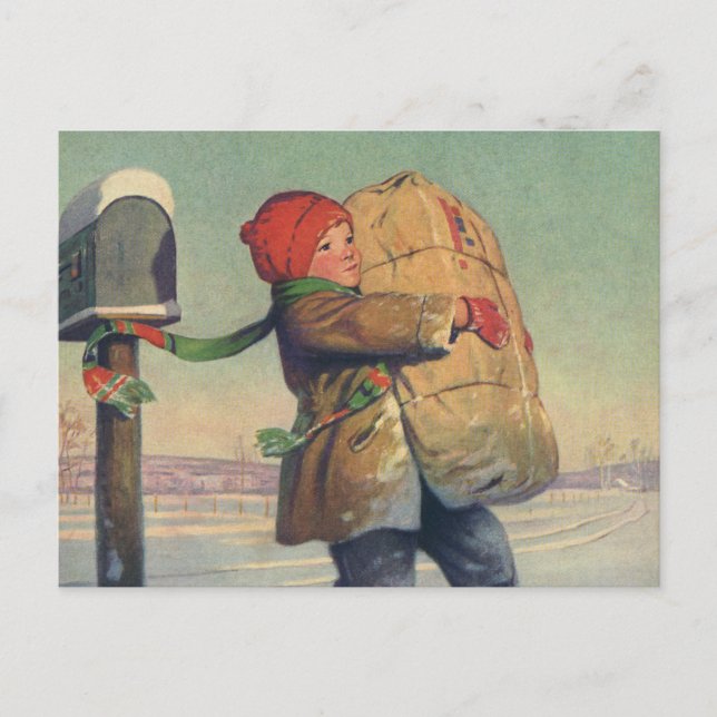 Vintage Christmas, Child with Large Package Holiday Postcard (Front)