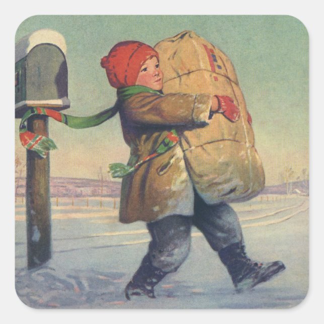 Vintage Christmas, Child with Large Package Square Sticker (Front)