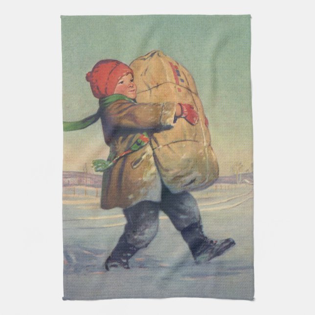 Vintage Christmas, Child with Large Package Tea Towel (Vertical)