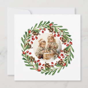 Vintage Christmas Children and Berry Wreath Holiday Card