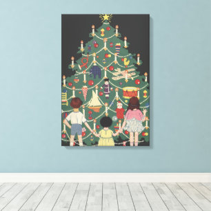 Vintage Christmas Children Around a Decorated Tree Canvas Print